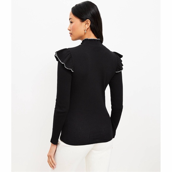 Loft Pointelle Ribbed Ruffle Top Small Petite NWT - Picture 3 of 7